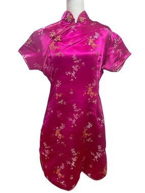 Fuchsia Satin Cheongsam Dress Floral Asian Inspired Bodycon Mini Shift M